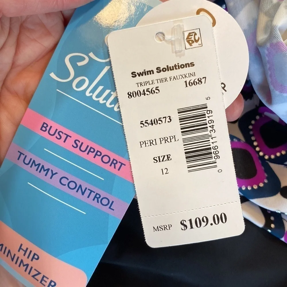NWT Swim Solutions Triple Tier Fauxkini Ruffled One Piece Swimsuit sz 12 - Picture 12 of 14